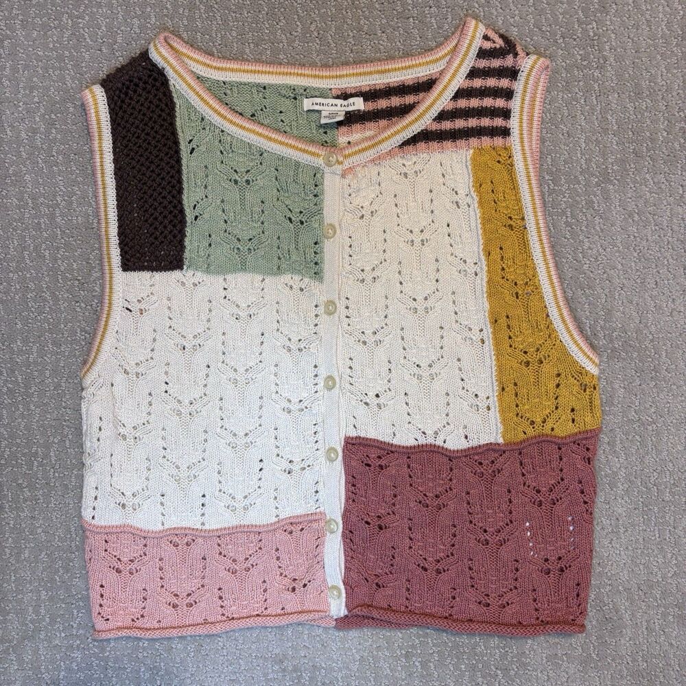 American Eagle Crochet Patchwork Vest Button Up Knit Sweater Boho Cottagecore S